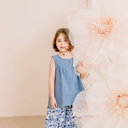 Pantaloni in Mussola di Cotone Biologico - Fiori Blu