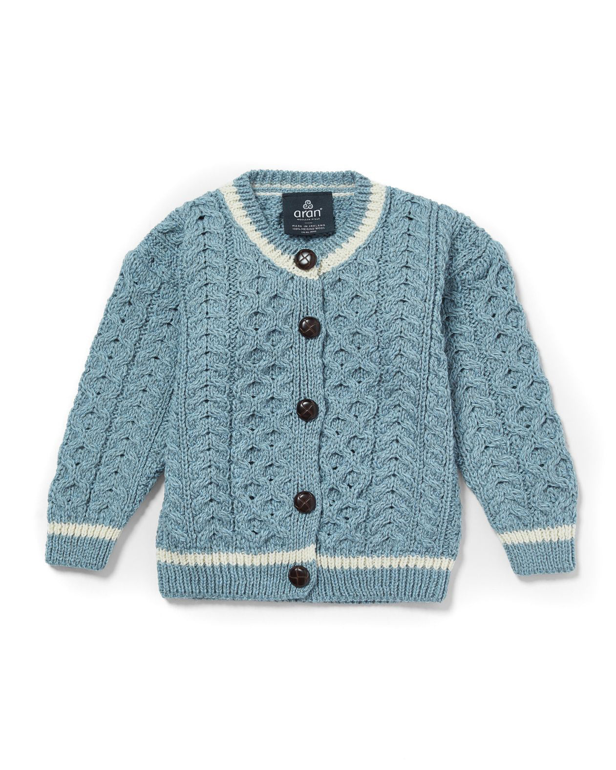 Cardigan Aran in Lana Irlandese - Azzurro/Bianco
