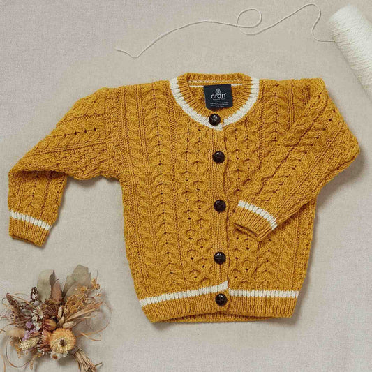 Cardigan Aran in Lana Irlandese - Senape/Bianco