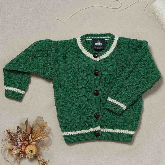 Cardigan Aran in Lana Irlandese - Verde/Bianco