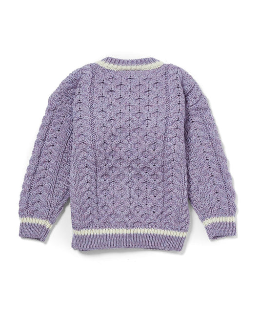 Cardigan Aran in Lana Irlandese - Lavanda/Bianco