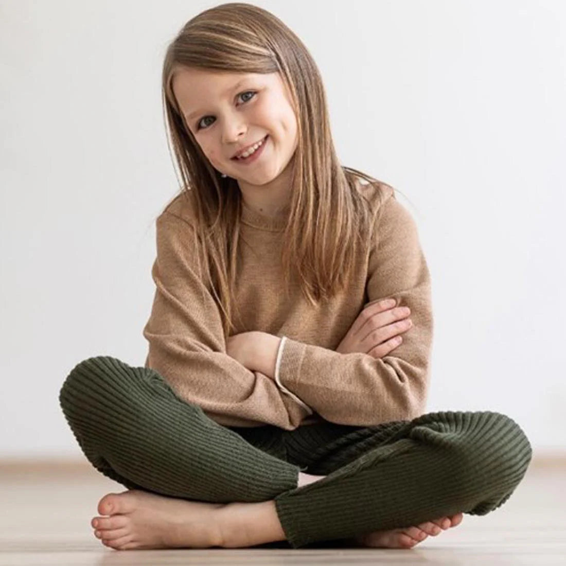 Leggings a costine in lana biologica - Oliva