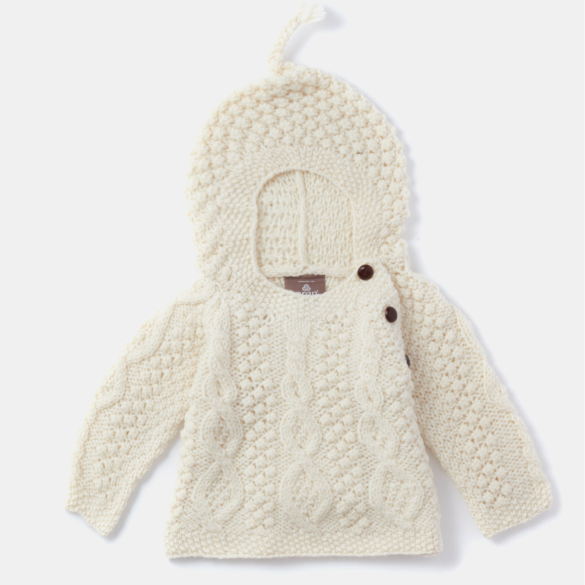Maglioncino Aran Baby con cappuccio in Lana Irlandese lavorata a mano