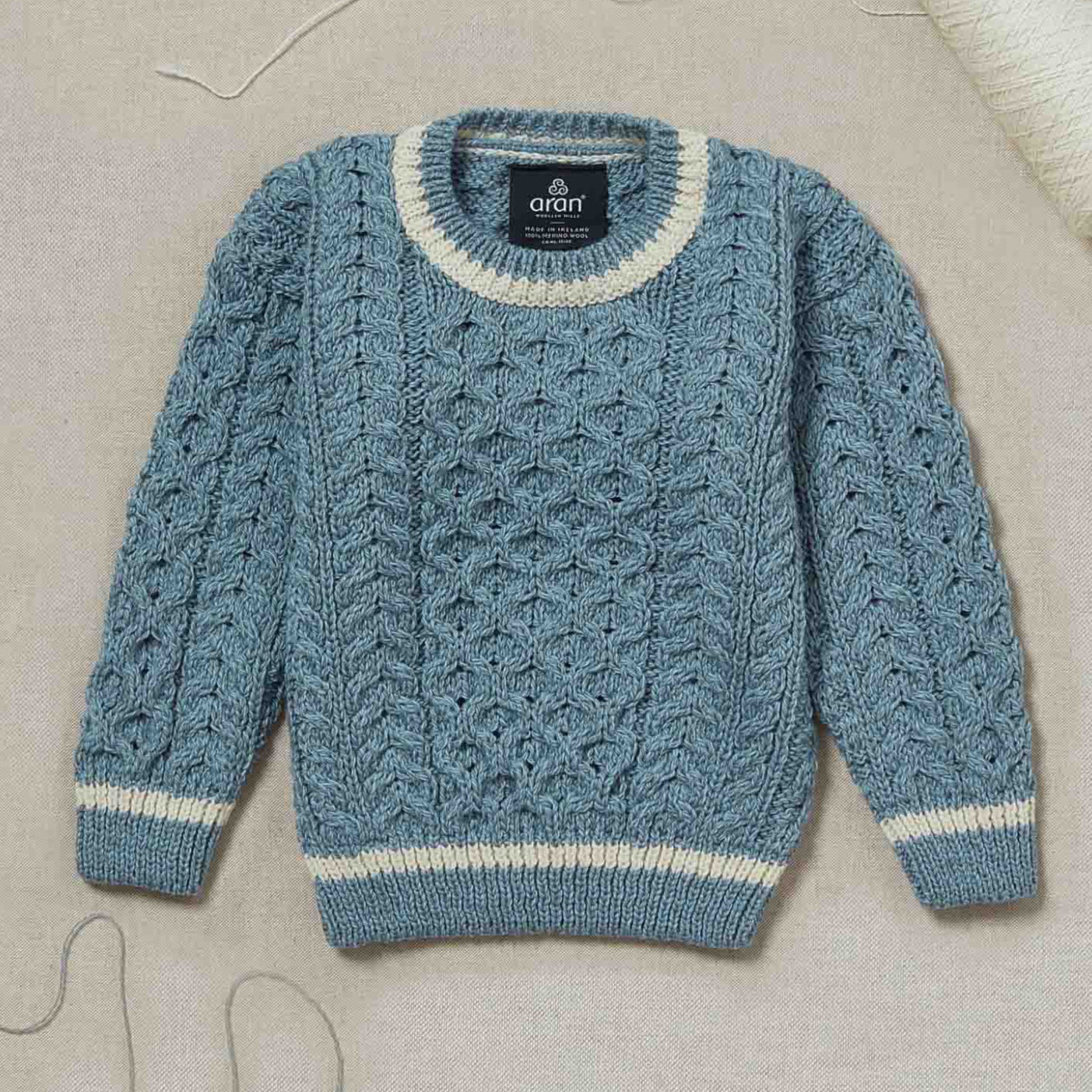 Maglioncino Aran in Lana Irlandese - Azzurro/Bianco