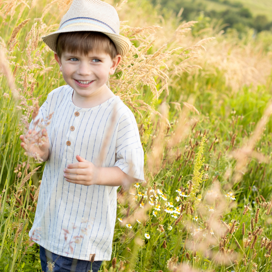 T-shirt Serafino in Cotone e Lino - Righe Blu