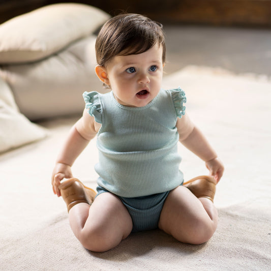 Body smanicato con volant in Seta e Cotone - Celeste