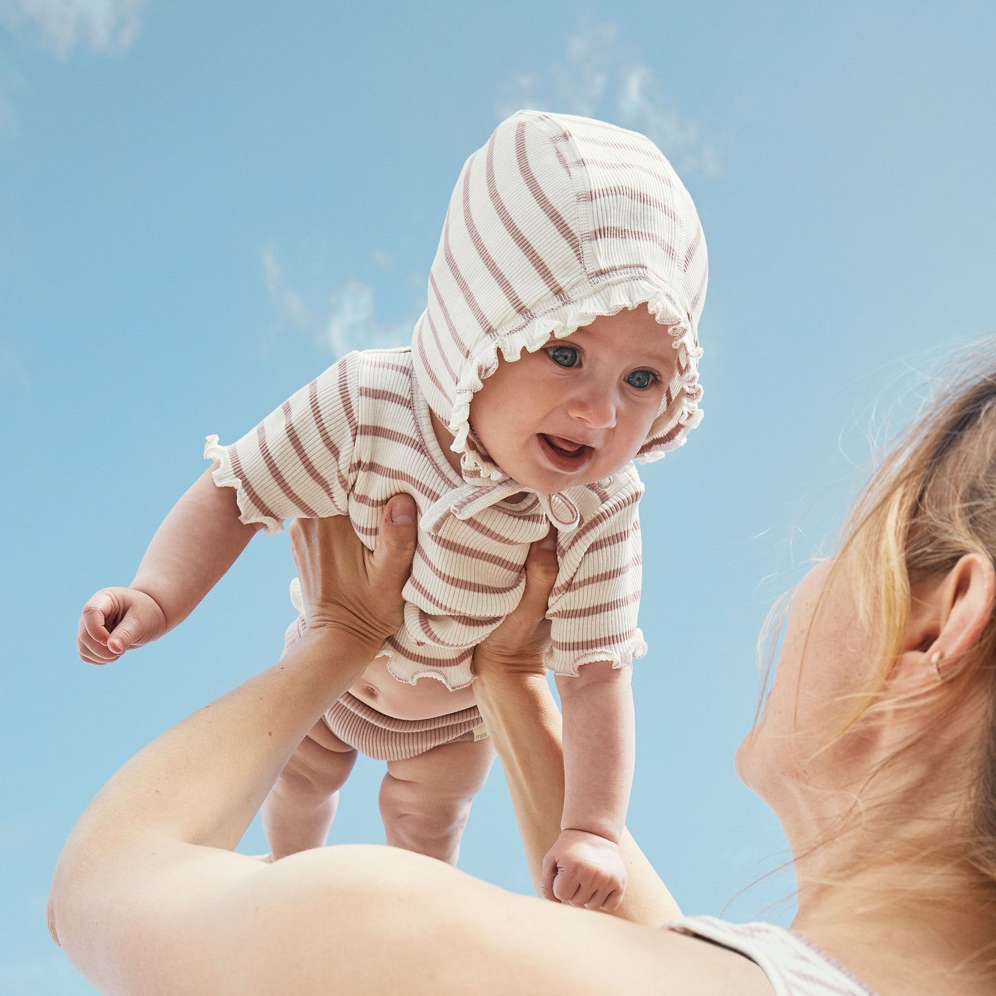 Maglia baby a manica corta in Seta e Cotone - righe Rosa antico/Bianco
