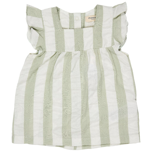 Blusa volant in Cotone Biologico - Seersucker Rigoni Verde/Bianco