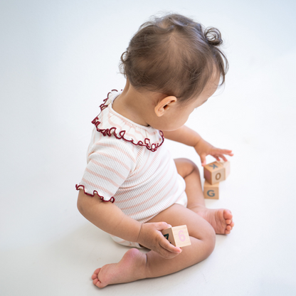 Body manica corta Seta e Cotone con colletto - Righe Rosa