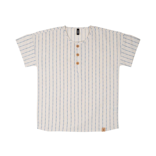 T-shirt Serafino in Cotone e Lino - Righe Blu