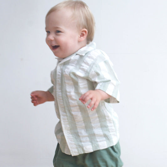 Camicia in Cotone Biologico - Seersucker Rigoni Verde/Bianco