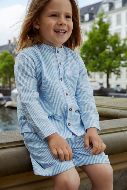 Pantaloncini in Cotone Biologico - Seersucker righine Blu