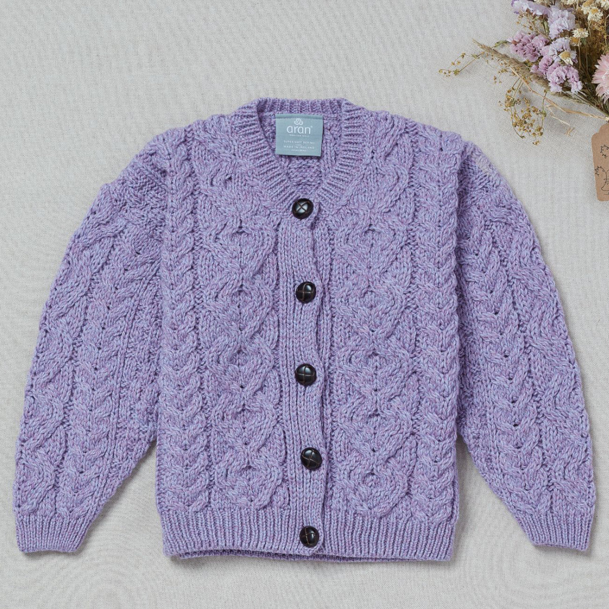 Cardigan Aran  in Lana Irlandese - Lavanda