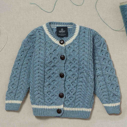 Cardigan Aran in Lana Irlandese - Azzurro/Bianco