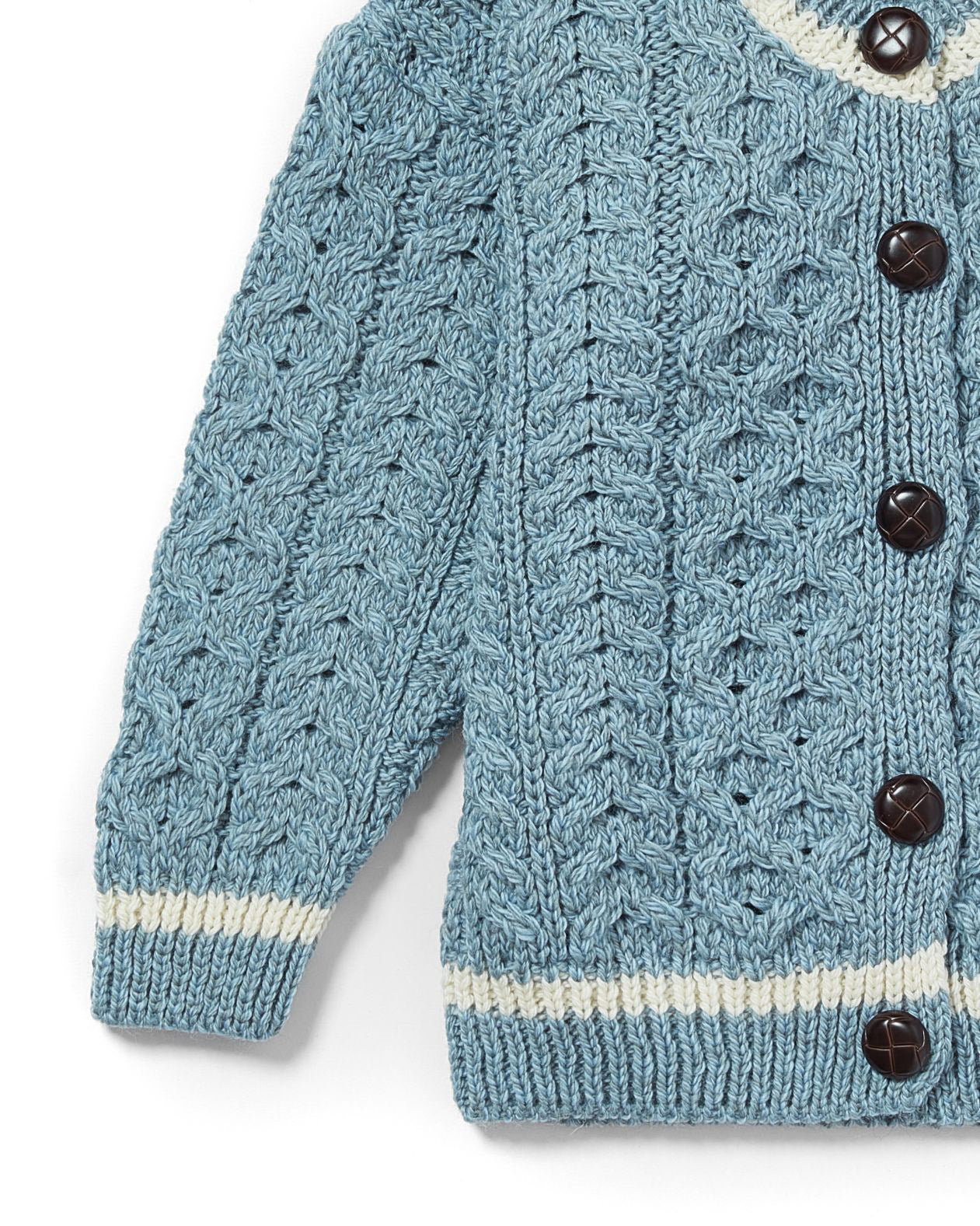 Cardigan Aran in Lana Irlandese - Azzurro/Bianco