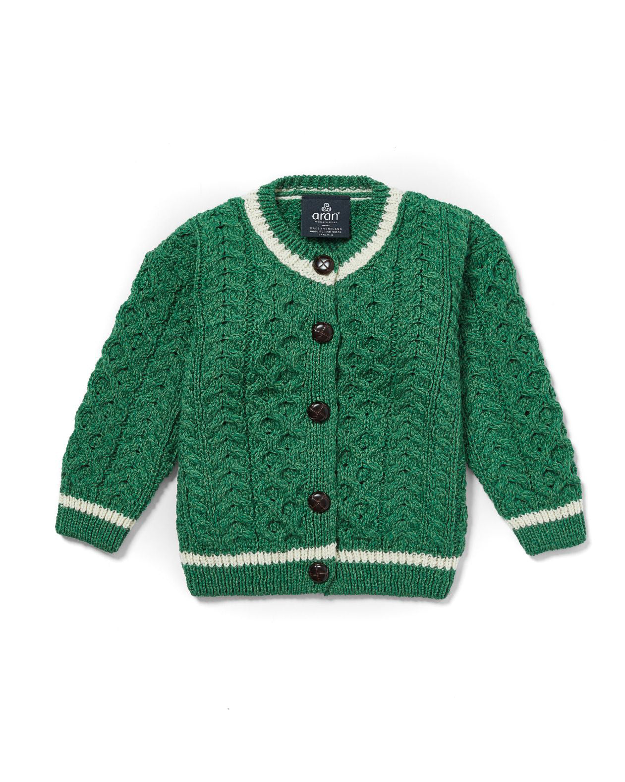 Cardigan Aran in Lana Irlandese - Verde/Bianco