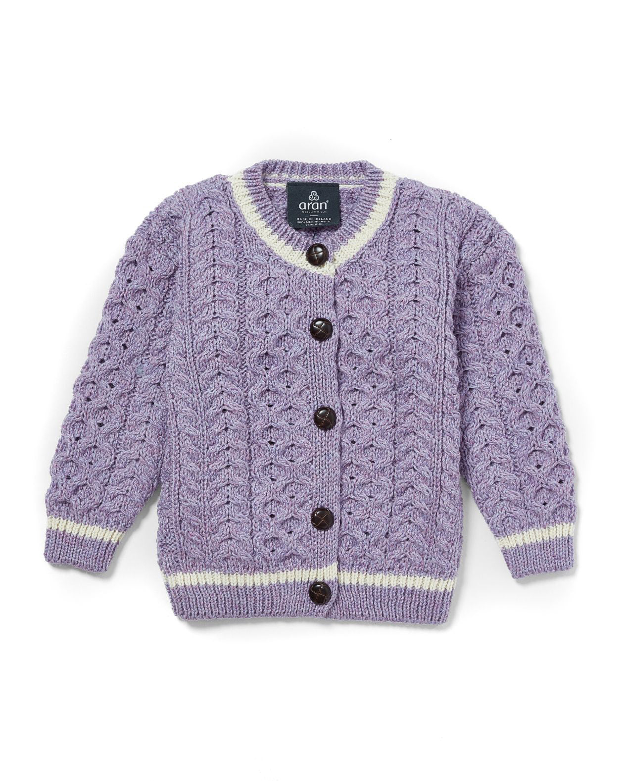 Cardigan Aran in Lana Irlandese - Lavanda/Bianco