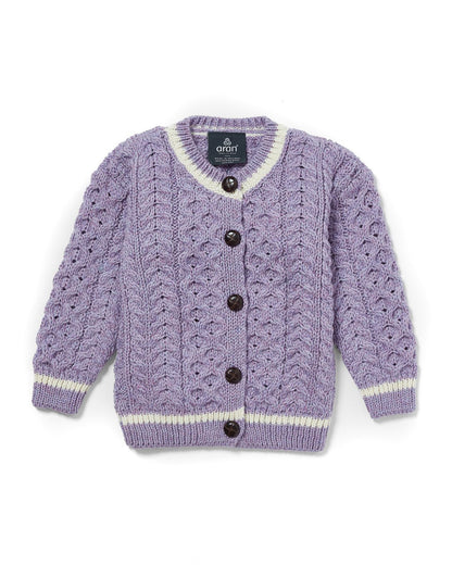 Cardigan Aran in Lana Irlandese - Lavanda/Bianco