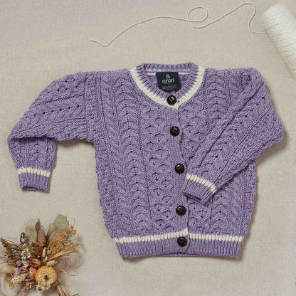 Cardigan Aran in Lana Irlandese - Lavanda/Bianco
