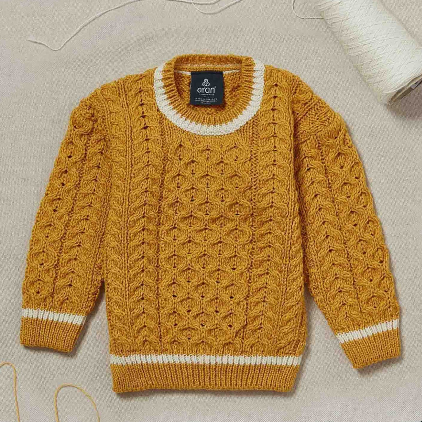 Maglioncino Aran in Lana Irlandese - Senape/Bianco